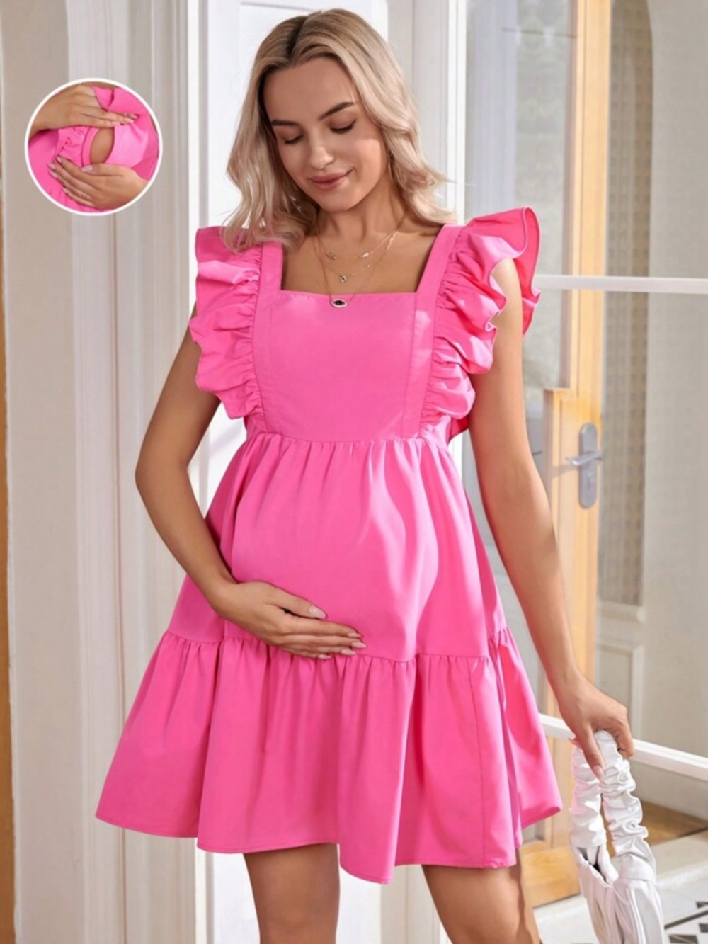Hot Pink Ruffle Strap Maternity Dress - Hidden Zipper Nursing Access - L